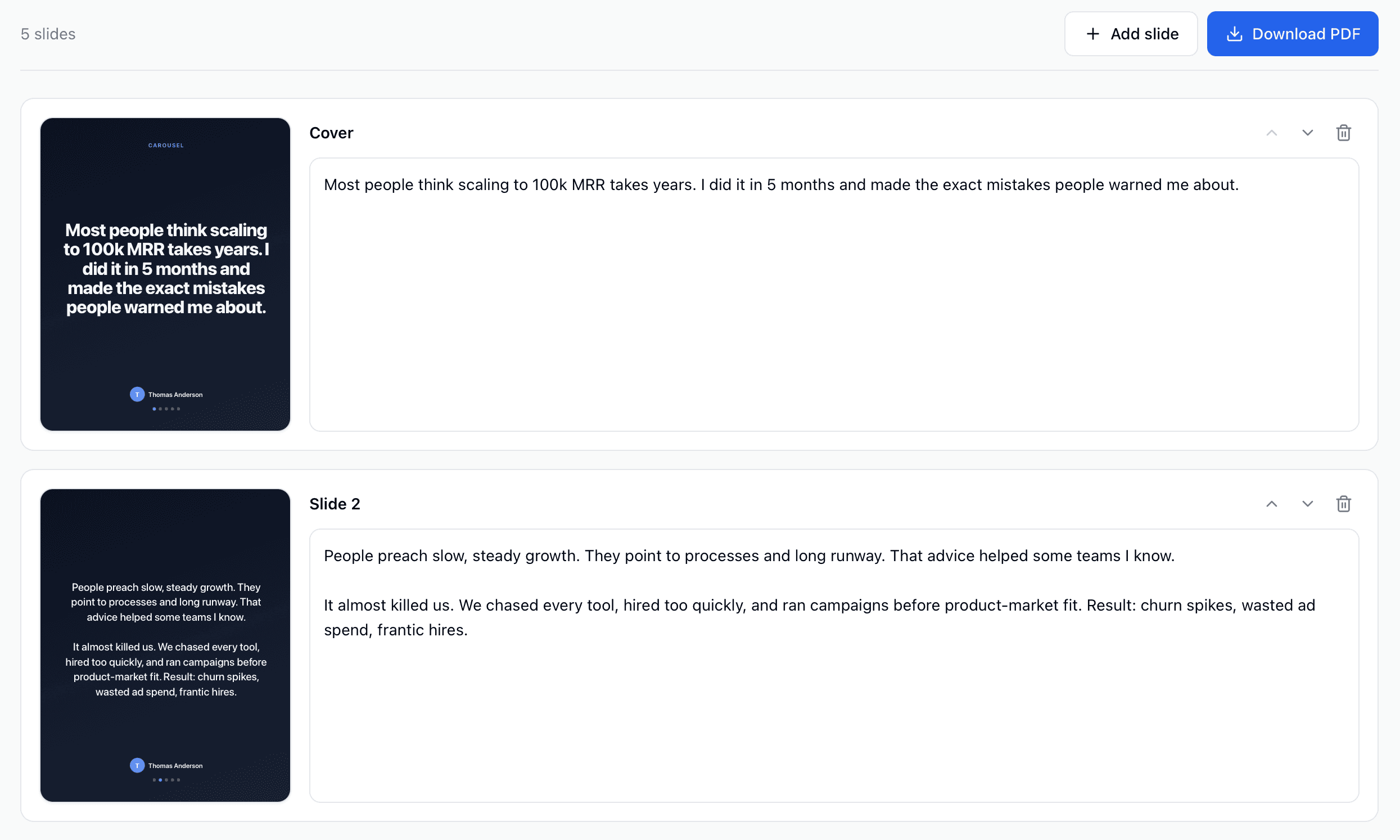 Linkera Text-to-Carousel Generator โ a LinkedIn post turned into a multi-slide PDF carousel