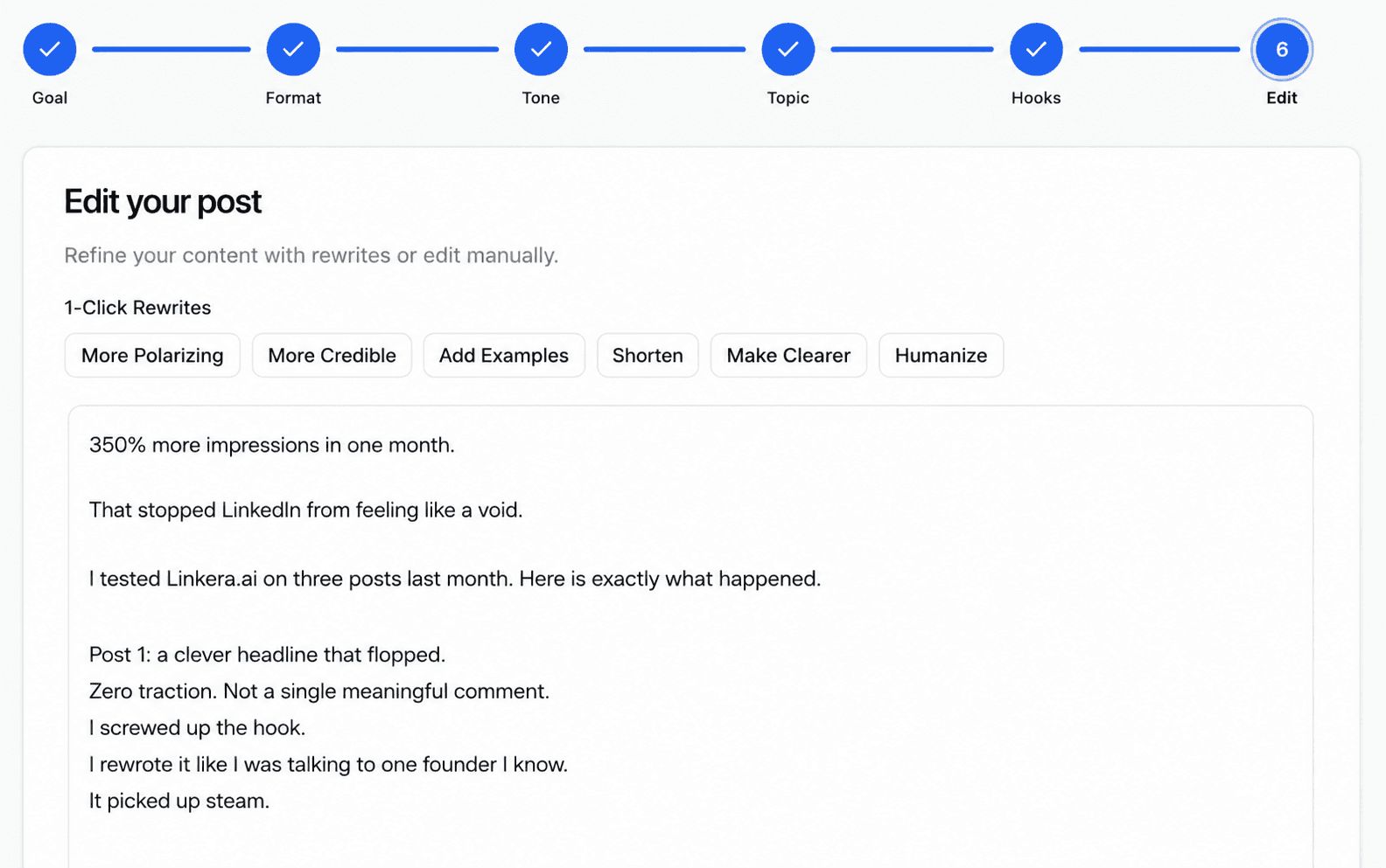 Linkera AI Post Generator โ guided Create Post wizard with 1-click rewrites for editing a LinkedIn post