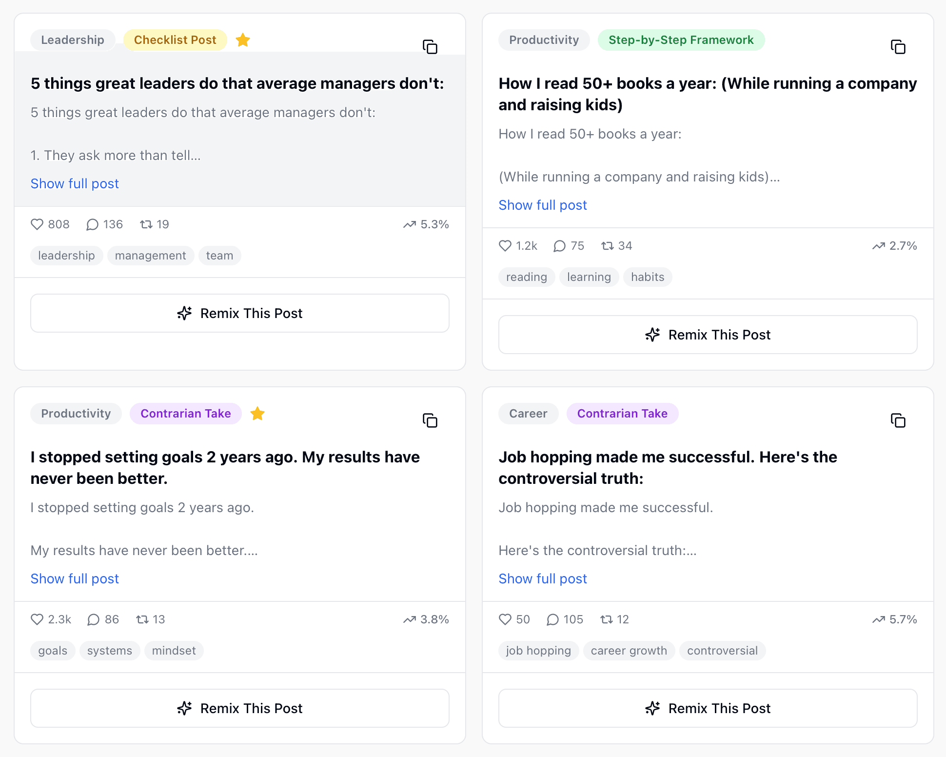 Linkera Inspirations library โ curated high-performing LinkedIn posts with engagement stats and one-click Remix