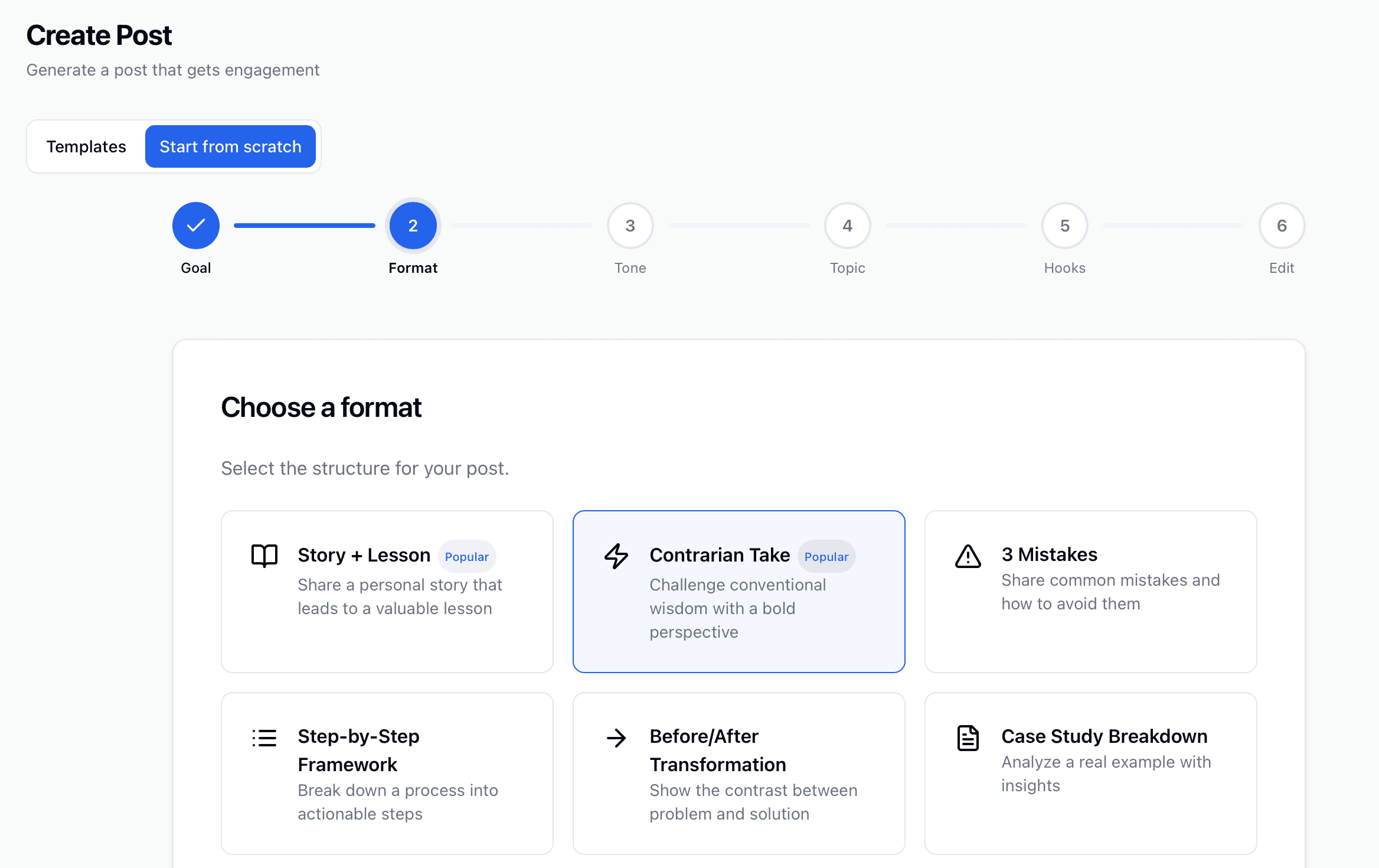 Linkera AI Post Generator โ guided Create Post wizard for choosing a format and generating an engagement-optimized LinkedIn post