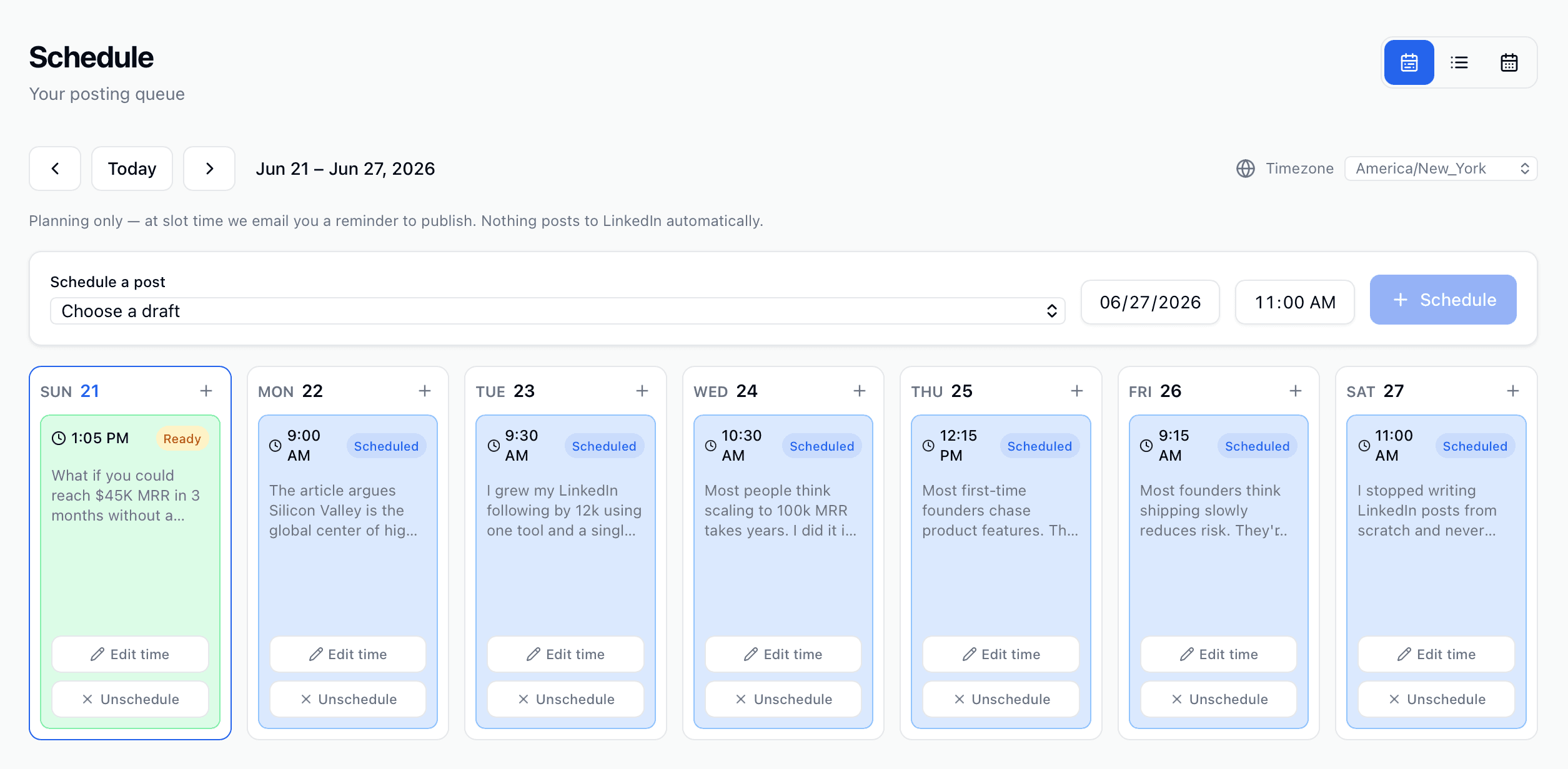 Linkera Schedule โ week-view content calendar with scheduled LinkedIn posts and publish reminders